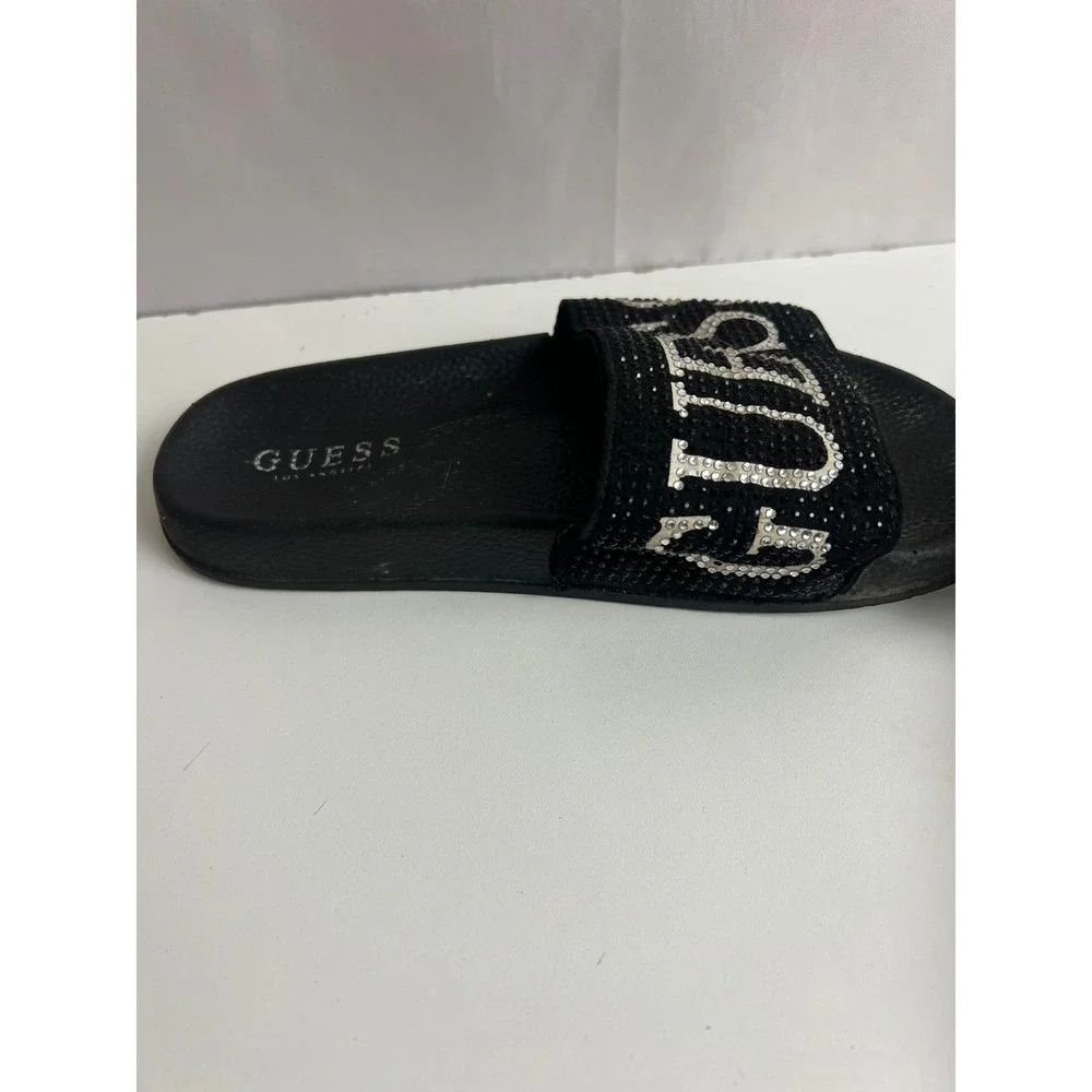 Guess Los Angeles Kids Black Rhinestone Logo Slide Sandals Size 230 23cm